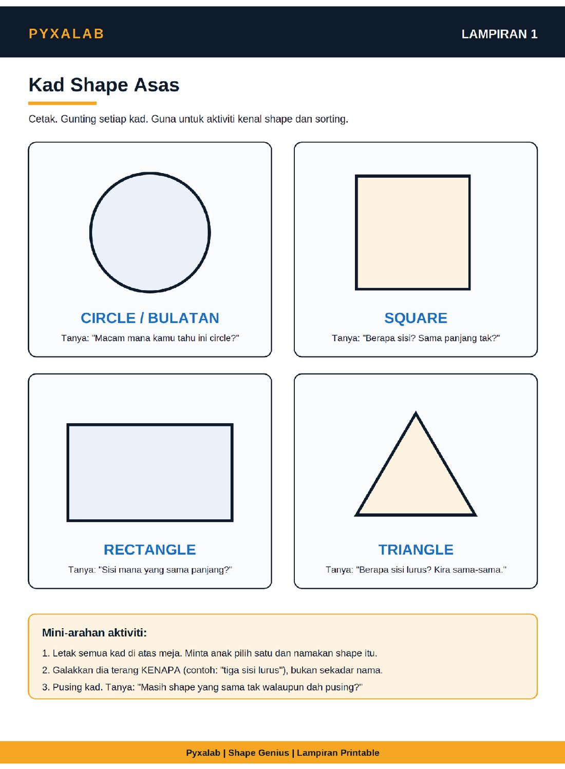 Contoh lampiran printable Shape Genius: kad circle, square, rectangle dan triangle