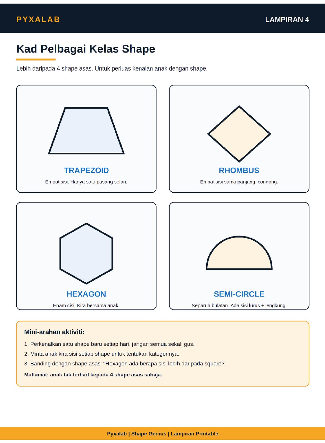 Kad pelbagai kelas shape: trapezoid, rhombus, hexagon, semi-circle